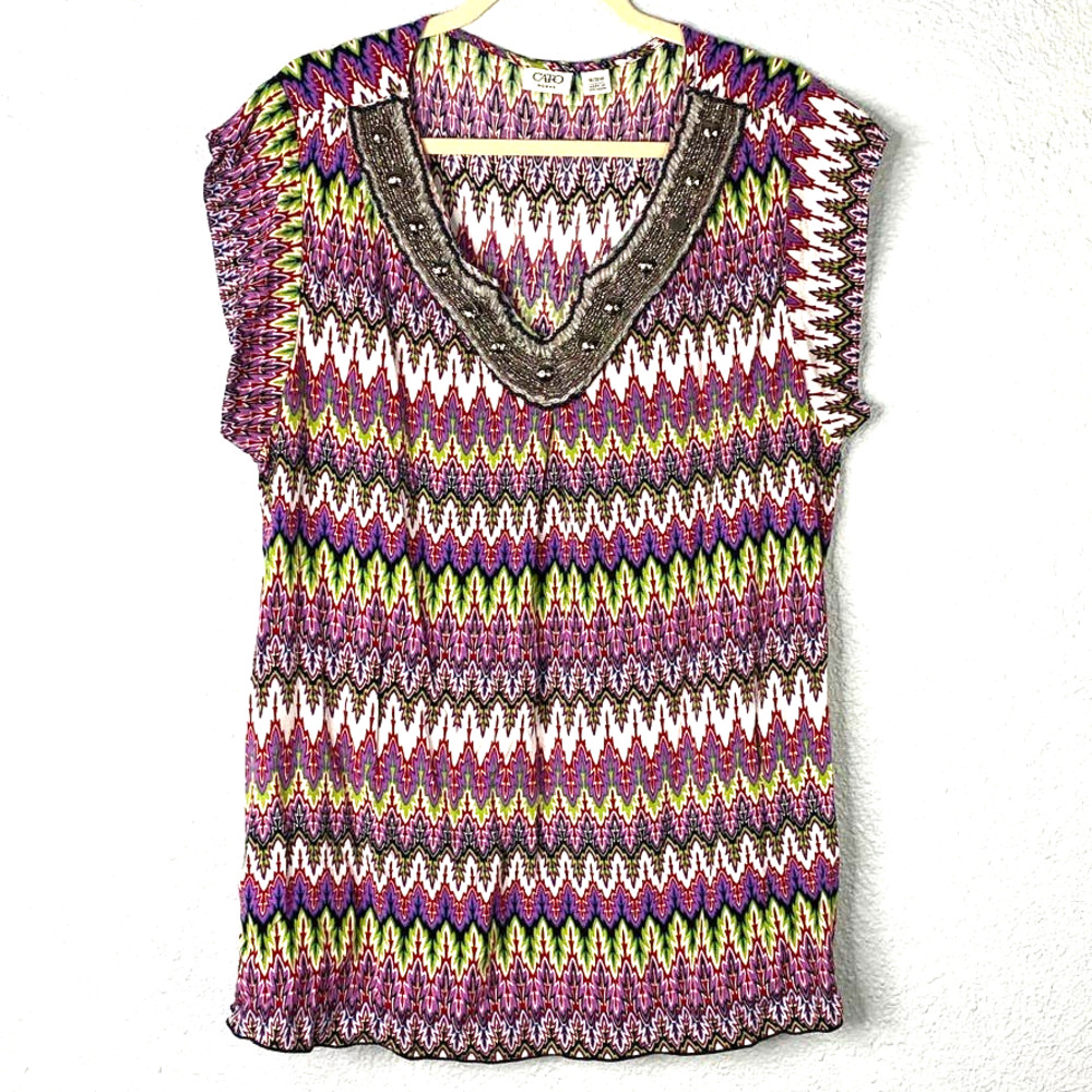 Cato Top Size 18/20 Womens Plus Colorful Print Cap Sleeve Beaded V-Neck - Picture 1 of 8